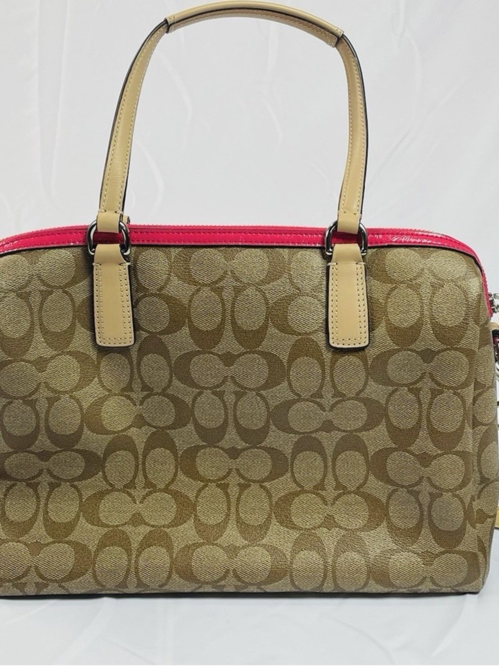 Fair condition Coach Brown Signature Canvas Satchel with Pink Stripe and Tan - Picture 4 of 15
